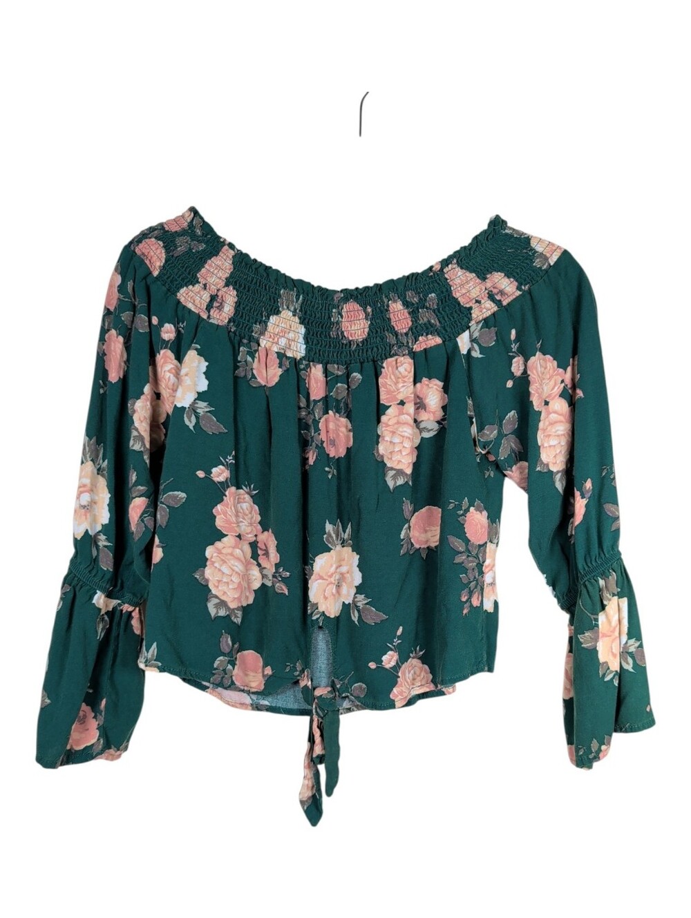 Heart Hips Green Floral Off-Shoulder Tie-Front Blouse
